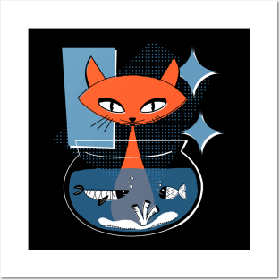 Atomic Cat with Fish Bowl Mid Century Modern Style Posters and Art